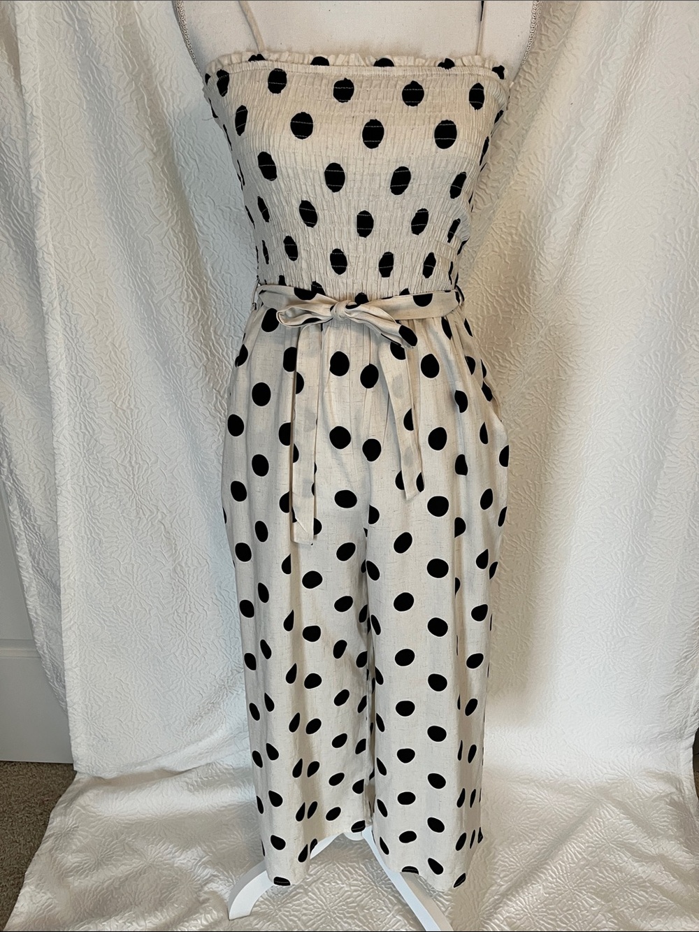 Spaghetti Strap or Strapless Polka Dot Wide Cropped Leg Jumpsuit in Cream/Black
